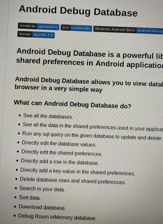 github description of android debug database